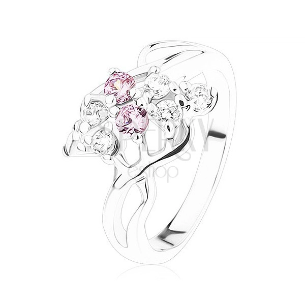 Ligotavý prsteň, strieborná farba, mašlička z ružových a čírych zirkónov