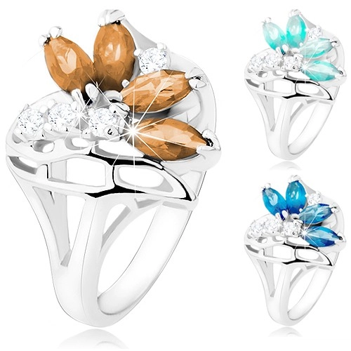 Ligotavý prsteň s rozdelenými ramenami, číre a farebné zirkóny, stuha - Veľkosť: 52 mm, Farba: Modrá svetlá