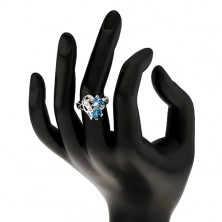 Ligotavý prsteň s rozdelenými ramenami, číre a farebné zirkóny, stuha