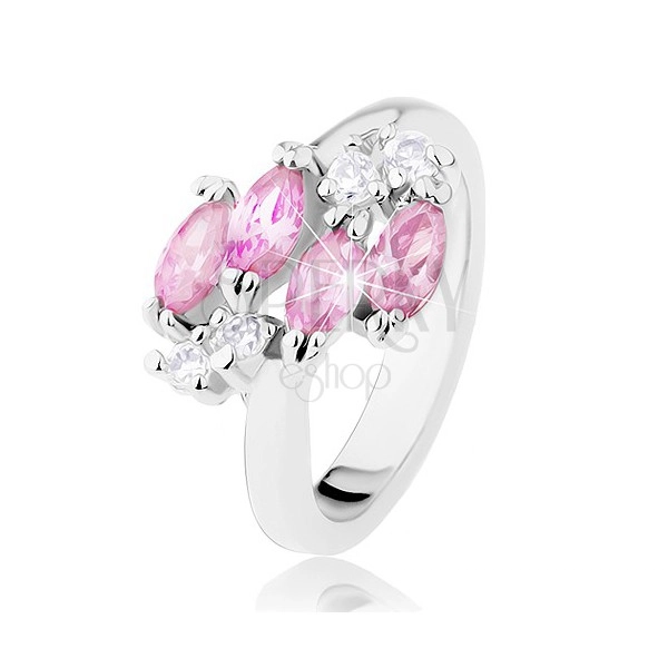 Lesklý prsteň v striebornej farbe, ružové zirkónové zrnká, číre zirkóniky