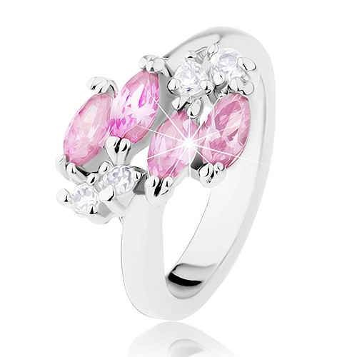 Lesklý prsteň v striebornej farbe, ružové zirkónové zrnká, číre zirkóniky - Veľkosť: 51 mm
