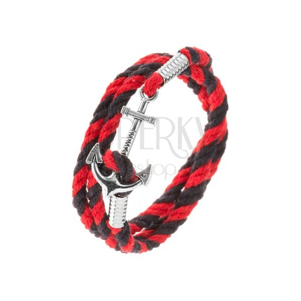 Pletený náramok z červených a tmavomodrých šnúrok, lodná kotva s nápisom