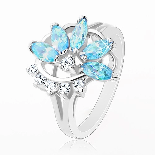 Prsteň s lesklými rozdelenými ramenami, modro-číry polovičný kvet - Veľkosť: 50 mm