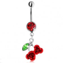 Oceľový piercing do pupka s červeným zirkónom, dve ružičky, zelený list