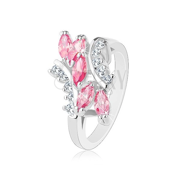 Lesklý prsteň striebornej farby, ružové zirkónové zrnká, číre zirkóniky