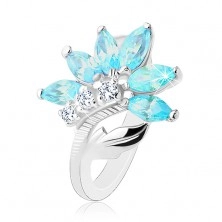 Prsteň v striebornom odtieni, kvet z čírych a modrých zirkónov, lesklý list