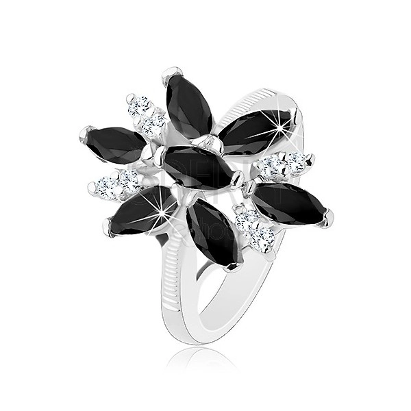 Ligotavý prsteň striebornej farby, čierno-číry zirkónový kvet, lesklé ramená