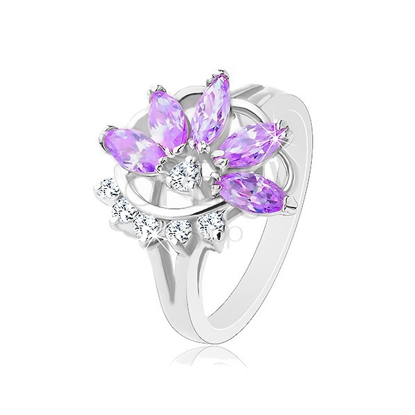 Lesklý prsteň striebornej farby, fialový zirkónový kvet, číre zirkóniky