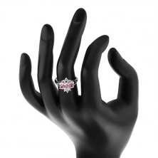 Lesklý prsteň v striebornom odtieni, ružové zirkónové ovály, číre zirkóniky