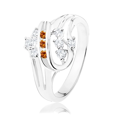 Prsteň v striebornej farbe, dvojitá špirála s oranžovými a čírymi zirkónmi - Veľkosť: 53 mm