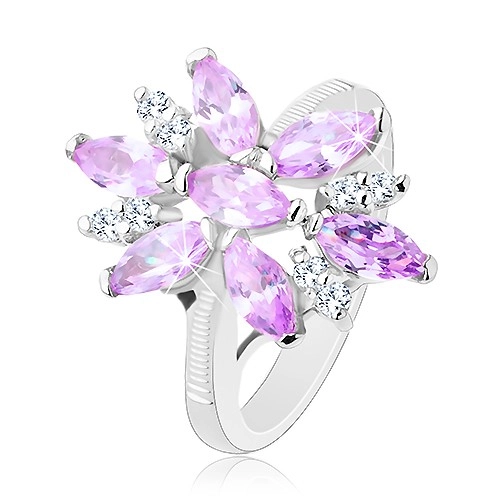 Prsteň v striebornej farbe, veľký kvet zo svetlofialových a čírych zirkónov - Veľkosť: 51 mm