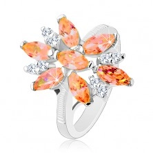 Ligotavý prsteň v striebornej farbe, veľký kvet z oranžových a čírych zirkónov