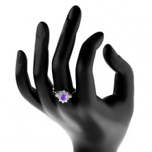 Prsteň v striebornom odtieni, fialový oválny zirkón s čírou obrubou