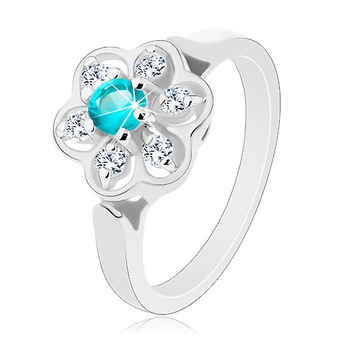 Trblietavý prsteň zdobený čírym kvietkom so zirkónom svetlomodrej farby - Veľkosť: 53 mm