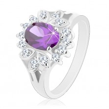 Ligotavý prsteň s rozdelenými ramenami, zirkón fialovej farby, číra obruba
