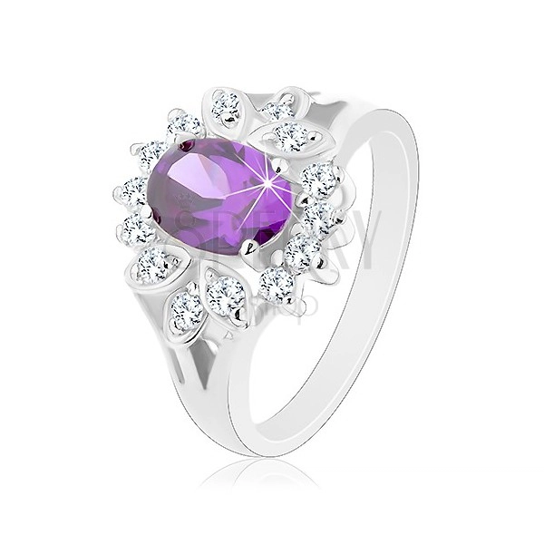 Ligotavý prsteň s rozdelenými ramenami, zirkón fialovej farby, číra obruba
