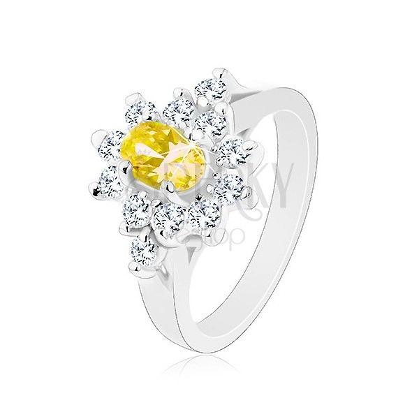 Ligotavý prsteň, oválny zirkón žltej farby, kontúra z čírych zirkónikov