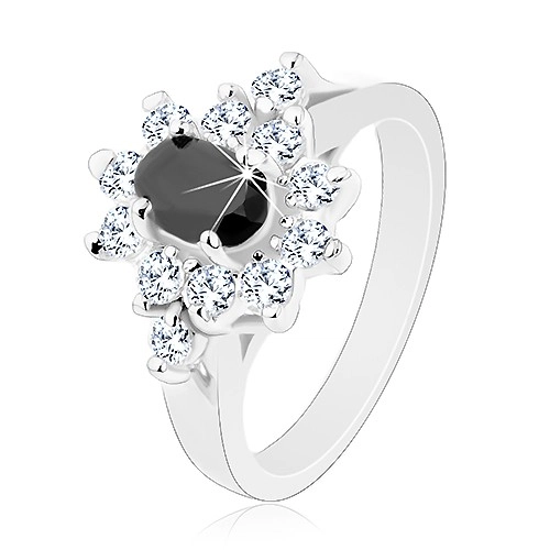 Lesklý prsteň striebornej farby, čierny zirkónový ovál s lemom čírej farby - Veľkosť: 50 mm