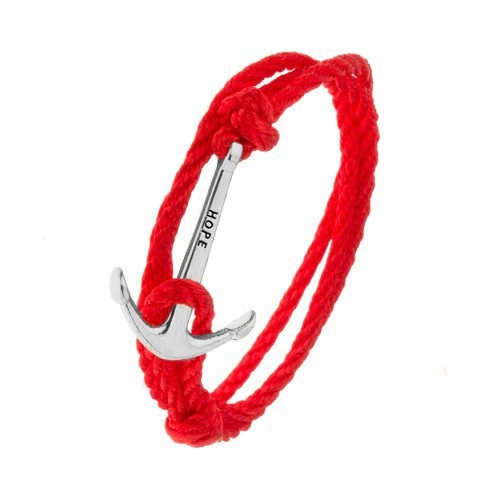 E-shop Šperky Eshop - Červený šnúrkový náramok na obtočenie okolo ruky, kotva striebornej farby s nápisom Z42.2