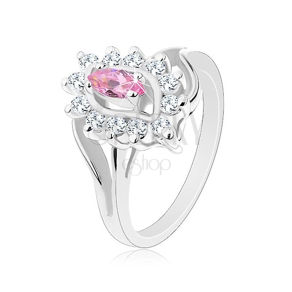 Lesklý prsteň v striebornej farbe, ružové zirkónové zrnko, okrúhle zirkóniky