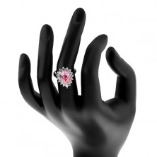 Trblietavý prsteň s úzkymi ramenami, ružová zirkónová slza, okrúhle zirkóniky
