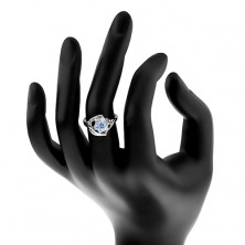 Trblietavý prsteň, modro-číry zirkónový kvietok, lesklé oblúky
