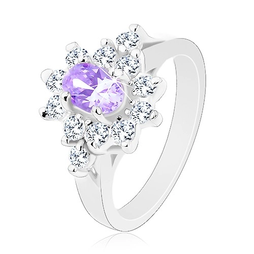 Ligotavý prsteň v striebornej farbe, brúsený svetlofialový ovál, číre zirkóniky - Veľkosť: 57 mm