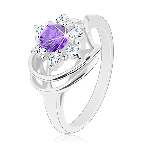 Ligotavý prsteň v striebornom odtieni, okrúhly fialový zirkón, číre zirkóniky - Veľkosť: 51 mm