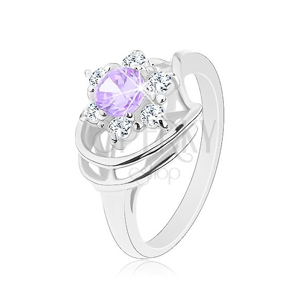 Lesklý prsteň v striebornom odtieni, svetlofialovo-číry zirkónový kvet, oblúčiky