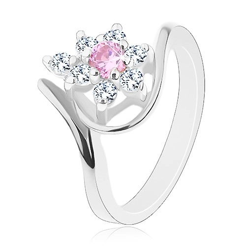 Lesklý prsteň v striebornom odtieni, zahnuté ramená, ružovo-číry kvietok - Veľkosť: 59 mm