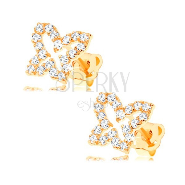 Zlaté náušnice 585 - obrys motýľa vykladaný čírymi zirkónmi, puzetky