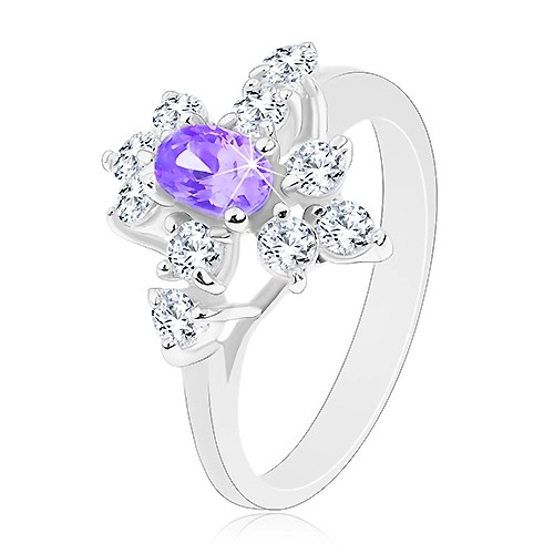 Ligotavý prsteň, strieborný odtieň, fialový zirkónový ovál, číre zirkóniky - Veľkosť: 54 mm
