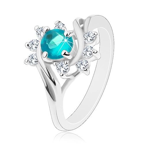 Lesklý prsteň v striebornej farbe, modrý okrúhly zirkón, číre oblúčiky - Veľkosť: 59 mm