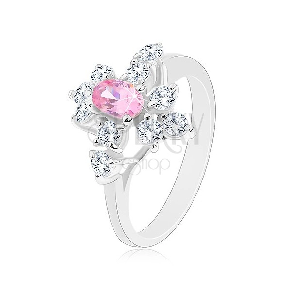 Trblietavý prsteň v striebornej farbe, ružový ovál, číre zirkóniky
