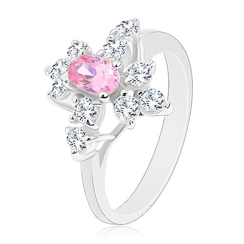 Trblietavý prsteň v striebornej farbe, ružový ovál, číre zirkóniky - Veľkosť: 57 mm