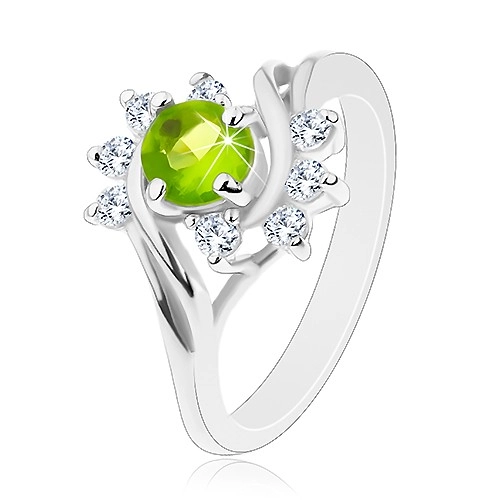 Lesklý prsteň so striebornou farbou, oblúky čírych zirkónov, svetlozelený zirkón - Veľkosť: 62 mm
