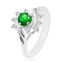 Trblietavý prsteň v striebornom odtieni, zeleno-číre zirkóny, hladké oblúky