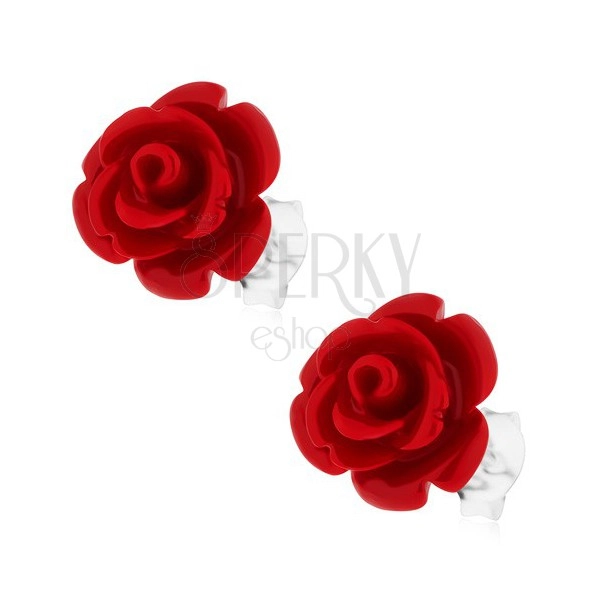 Náušnice s červenou rozkvitnutou ružou, striebro 925, puzetové zapínanie