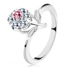 Lesklý prsteň s ružovo-čírym zirkónovým kvietkom, stonka s lístkami