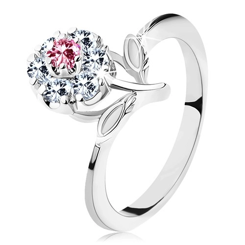 Lesklý prsteň s ružovo-čírym zirkónovým kvietkom, stonka s lístkami - Veľkosť: 57 mm