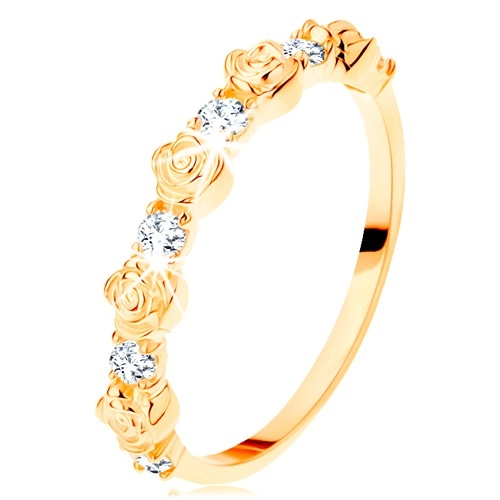 Prsteň zo žltého 14K zlata - striedajúce sa ružičky a okrúhle číre zirkóny - Veľkosť: 52 mm