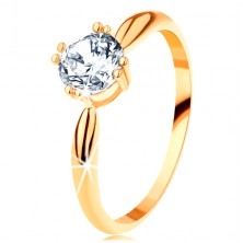 Zlatý zásnubný prsteň 585 - zaoblené ramená, žiarivý okrúhly zirkón čírej farby