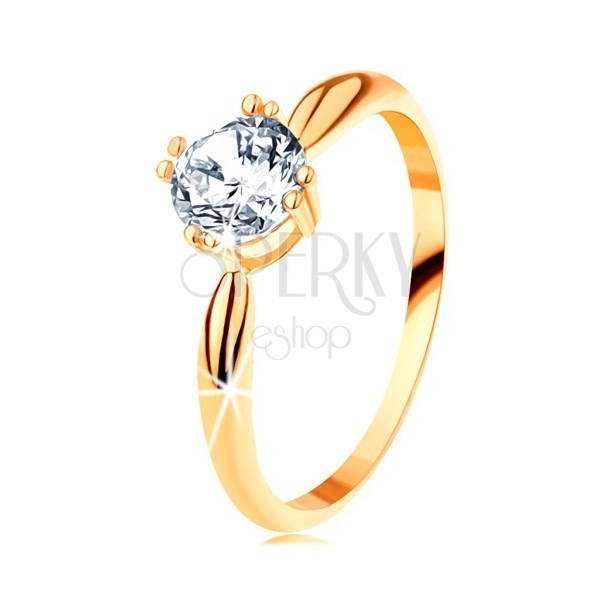 Zlatý zásnubný prsteň 585 - zaoblené ramená, žiarivý okrúhly zirkón čírej farby
