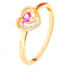 Zlatý prsteň 585 - ružové zirkónové srdiečko v dvojitom obryse