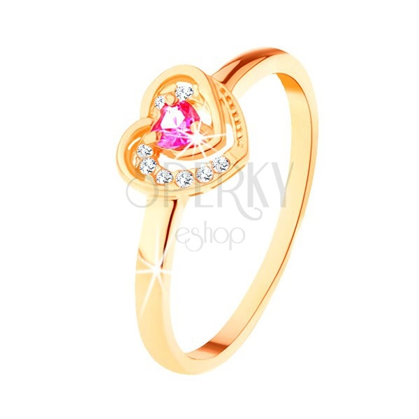 Zlatý prsteň 585 - ružové zirkónové srdiečko v dvojitom obryse
