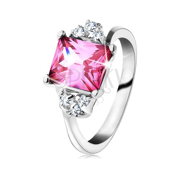 Trblietavý prsteň v striebornom odtieni, obdĺžnikový zirkón v ružovej farbe
