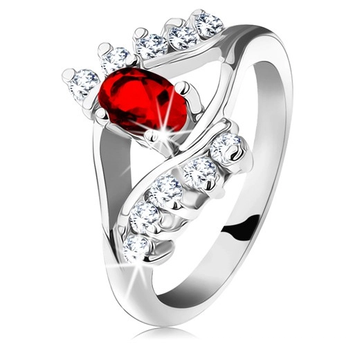 Ligotavý prsteň so strieborným odtieňom, červený brúsený ovál, číre zirkóniky - Veľkosť: 57 mm