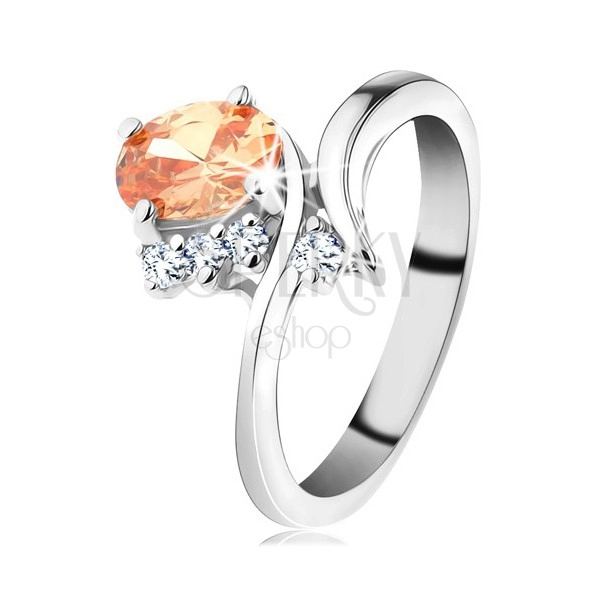 Trblietavý prsteň v striebornom odtieni, oválny zirkón v oranžovej farbe