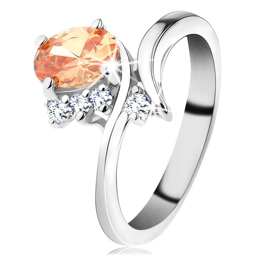 Trblietavý prsteň v striebornom odtieni, oválny zirkón v oranžovej farbe - Veľkosť: 52 mm