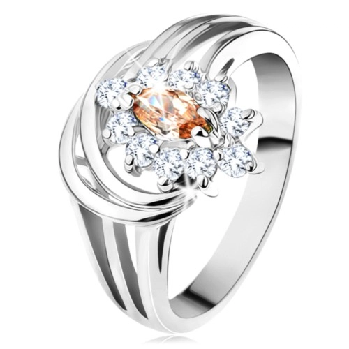 Lesklý prsteň so strieborným odtieňom, kvet zo svetlohnedo-čírych zirkónov - Veľkosť: 59 mm
